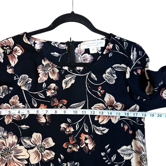 SaltwaterLUXE Black Hibiscus Bell Sleeve Ruffle Hem Mini Dress- Size Medium - Picture 9 of 11